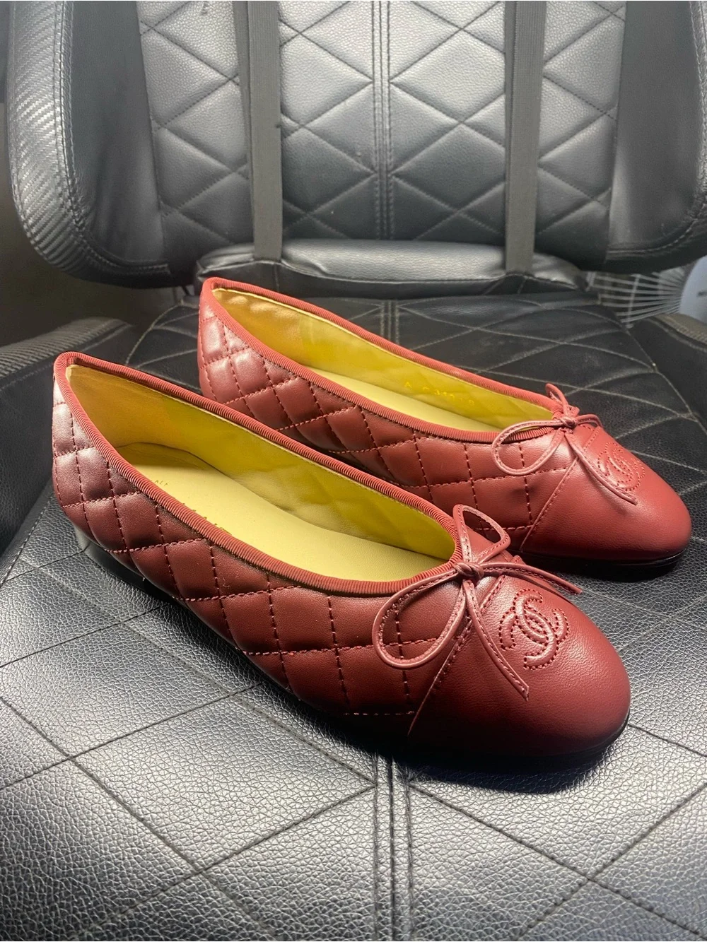 CHANEL Burgundy Leather Quilted CC Bow Ballet Flats 37EU